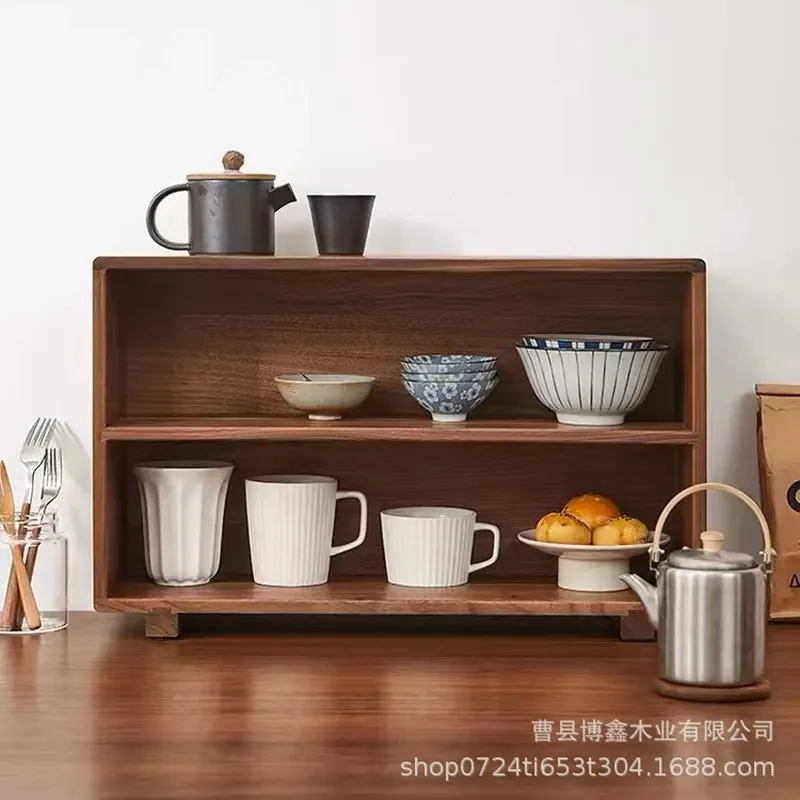 Black Walnut Solid Wood Desktop Shelf Multi Layer Cup Storage Rack for Tea Set Organizer Home Office Desk Display Stand Solid