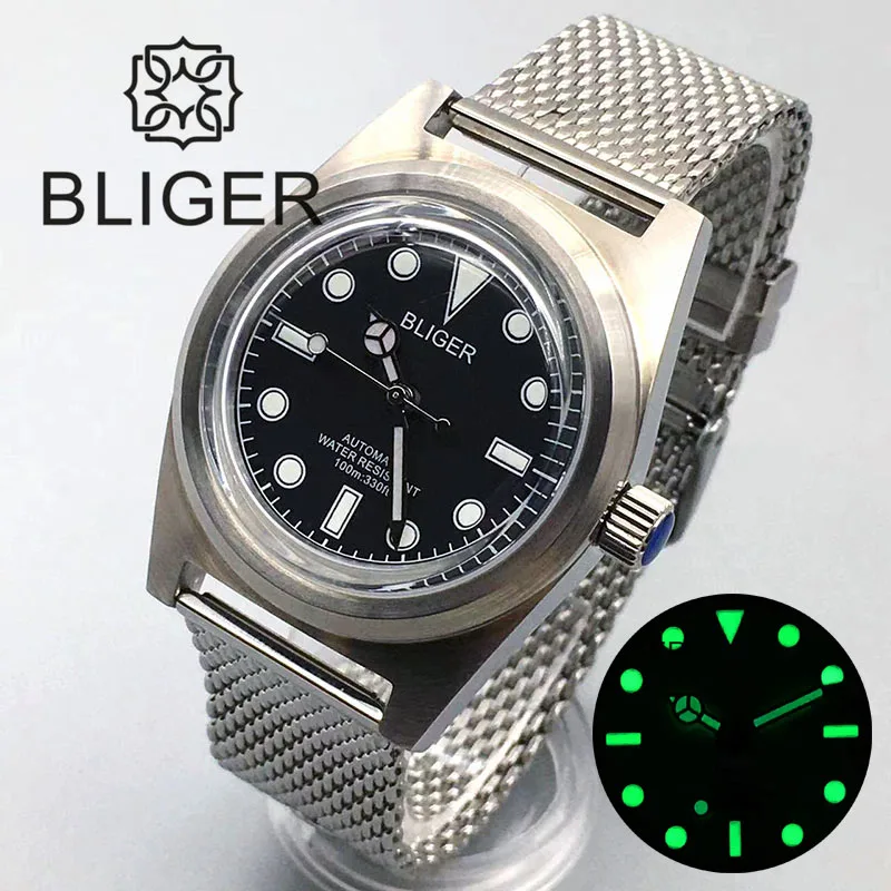 

BLIGER New 38mm Domed Coated Glass Watch For Men Mesh Band NH35 Movement Fixed Bezel Black Dial Green Luminous Waterproof