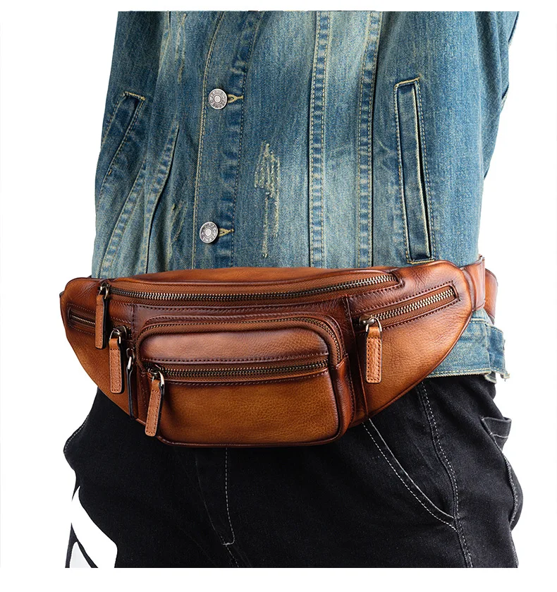 Plant tanned cowhine retro multi-pocket chest bag waist bag dual - purpose large - capacity high-grade men's bag