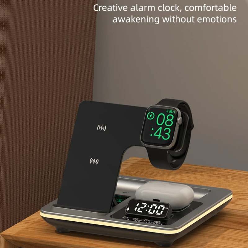 5 in 1 Warm Light Wireless Charger Dock Fast Charging Station for Apple Airpods iWatch iPhone 12 13 14 15 16 17 with Alarm clock - view 5