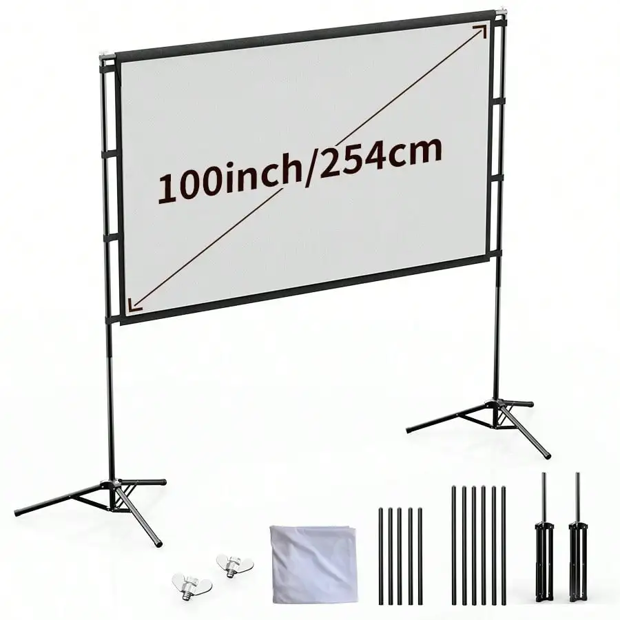 XBJ 100 Inch 4K Ultra HD Projection Screen 16:9 Foldable Portable Projector Screen With Dual Stands & Storage Bag For Indoor Outdoor Home Theater Movie Night Party