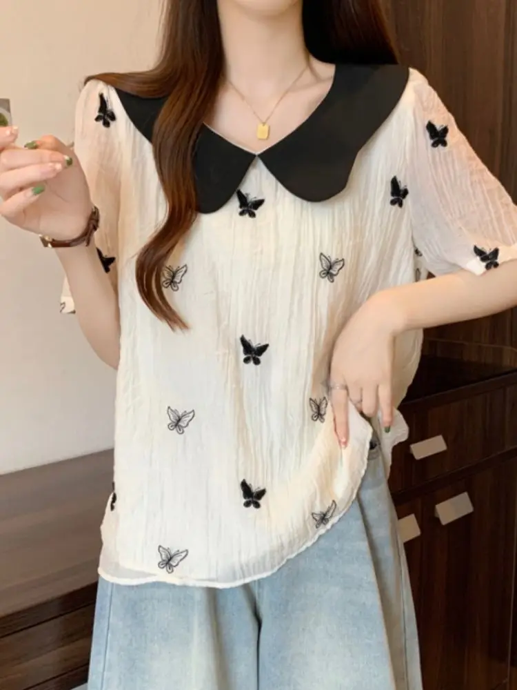 Printed Blouses Women Short Sleeve Peter Pan Collar Short Sleeve Korean Fashion Stylish Loose Tops Romantic Casual Sweet 3XL