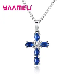 Christian Jesus 925 Sterling Silver Cross Necklace Shining AAA Blue Cubic Zircon Choker Pendants for Women Men Jewelry