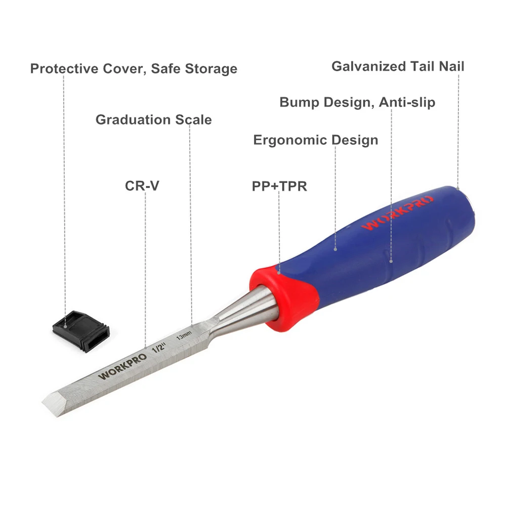 WORKPRO Wood Chisel Set 3 Pieces Wood Carving Chisels 12 mm 19 mm 25 mm Cr-V Bevel Edge Chisels with Steel Hammer End