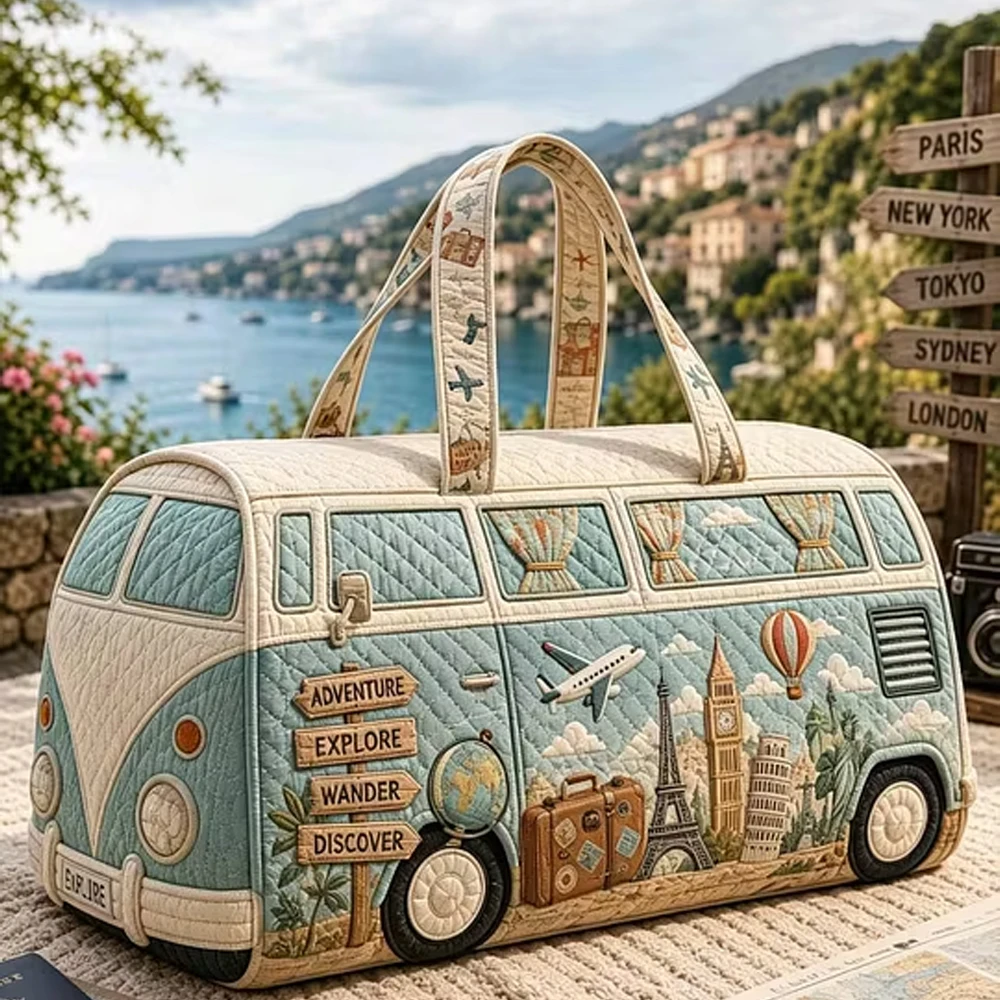 Vintage Travel Bus Adventure Quilted Duffle Bag Retro Travel Tote Handbag Women Men Outdoor Weekender Bag