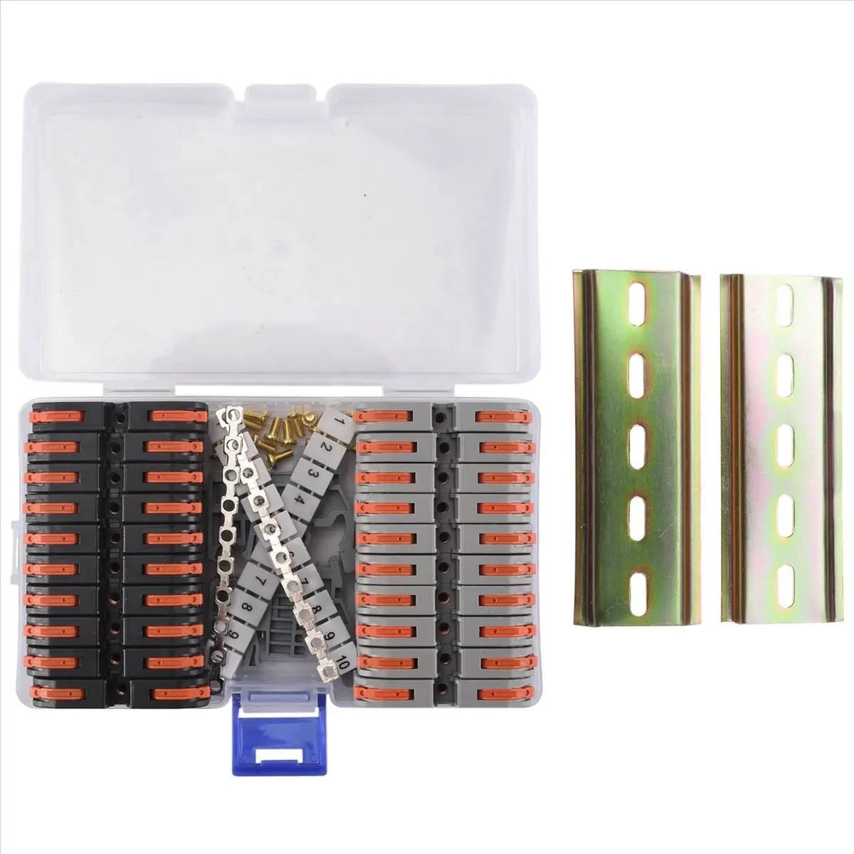 4X DIN Rail Terminal Blocks Kit, with Universal Compact Connectors, Connection Bar, Marker Strip, Screws, 28-12 AWG