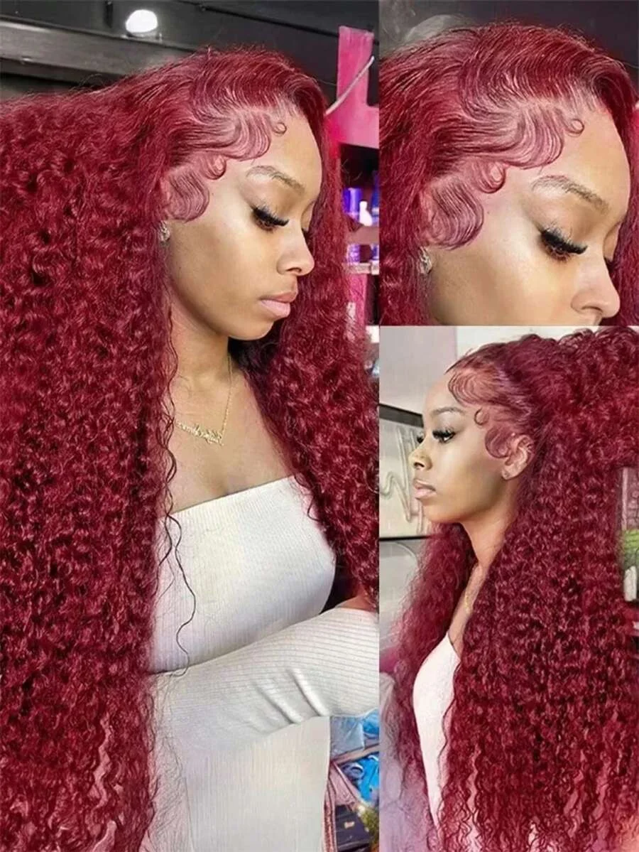 99j 13x4 Deep Wave Lace Front Wigs Burgundy Wig Human Hair  Human Hair Pre Plucked HD Transparent Lace Frontal Wigs For Women