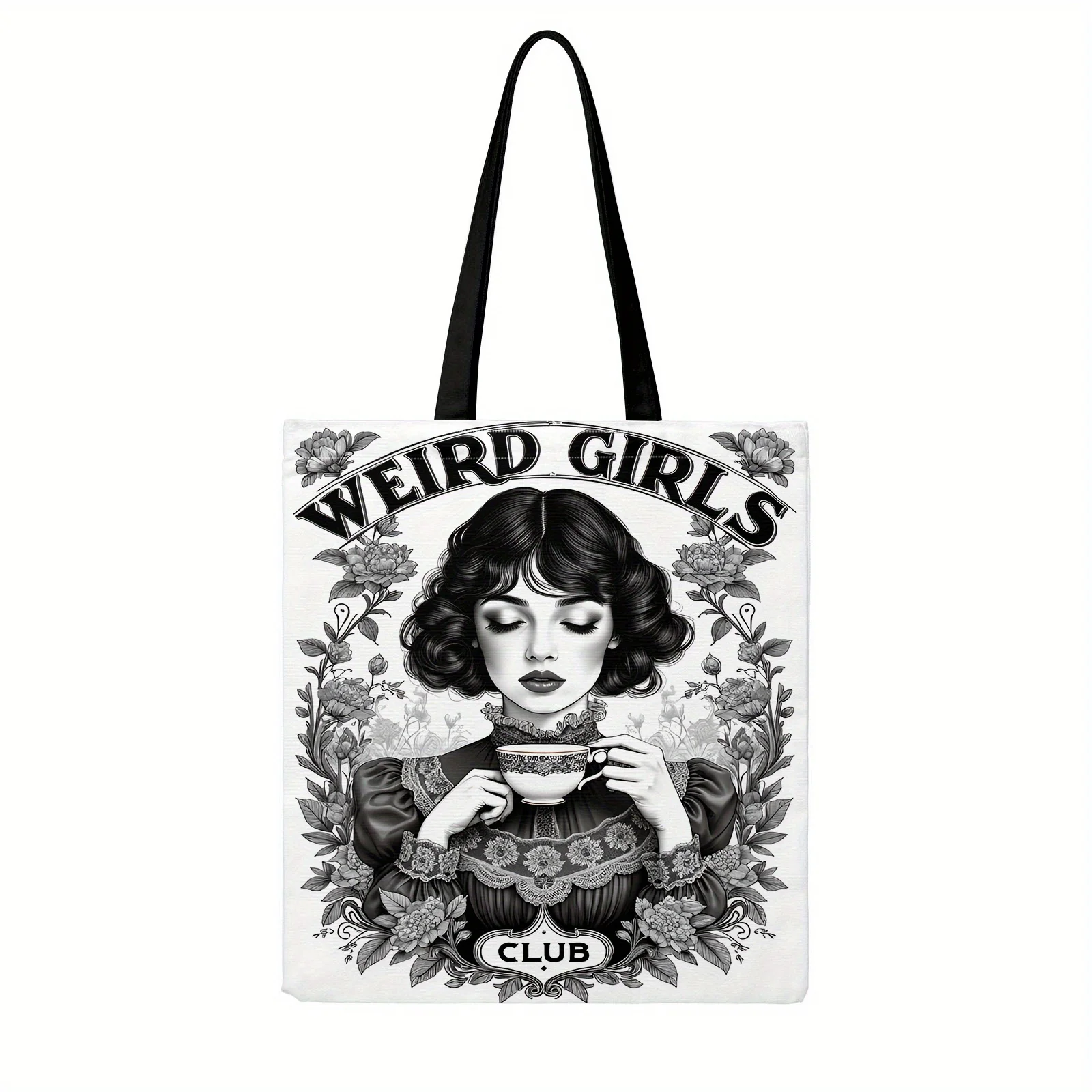 

1pc "Weird Club" Tote Bag - Large Capacity, Reusable Shoulder Bag with Artistic Black & White Design