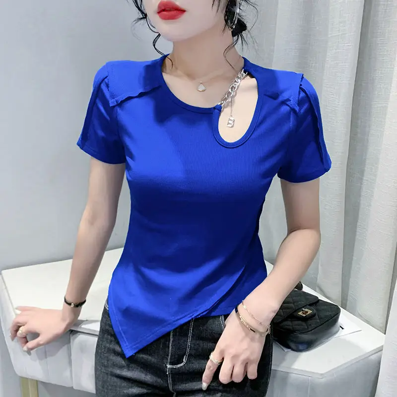 Sweet Solid Color Hollow Out Irregular Blouse Women's Clothing 2023 Summer New Oversized Casual Pullovers Asymmetrical Shirt