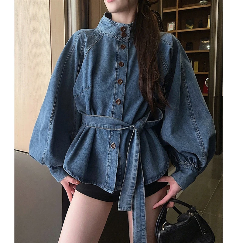Vintage Jeans Jacket Women Single-Breasted Buttons Denim Coat Lantern Sleeve Overcoat Trendy