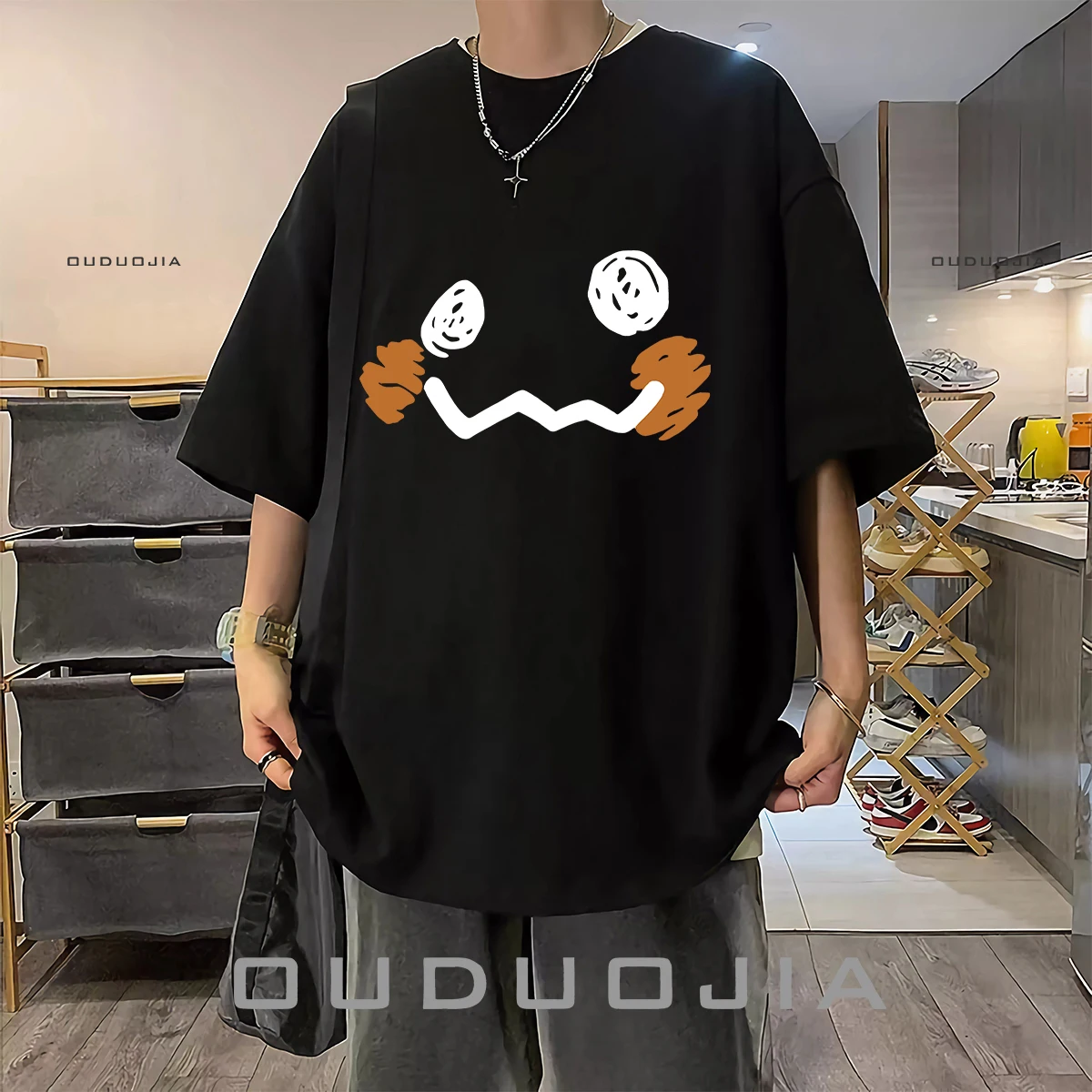 2024 Heavy 100% Cotton Male Pokémon Geng Ghost Loose Plus Size Spring Summer Ins Versatile Crew Neck T-Shirt