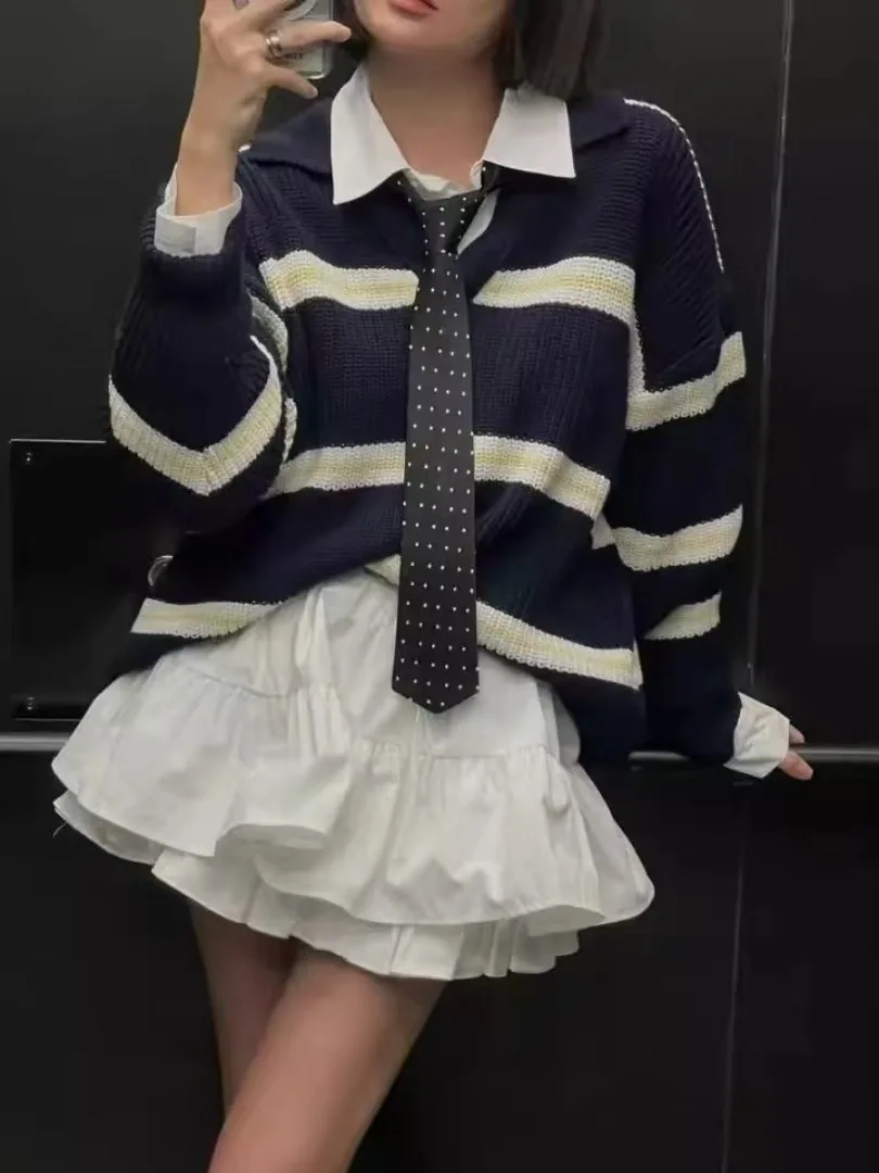 

Korean Retro Striped Thiened Sweater Outerwear Women's Loose Knitted Top + orts Two-Piece Set Autumn New Sle Streetwear