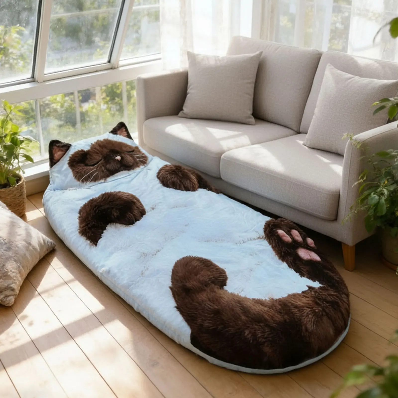 猫用寝袋-愛らしい猫型封筒型寝袋-大人用ソフト寝袋-ぬいぐるみ猫型封筒型寝袋-洗える暖かい毛布-家庭用