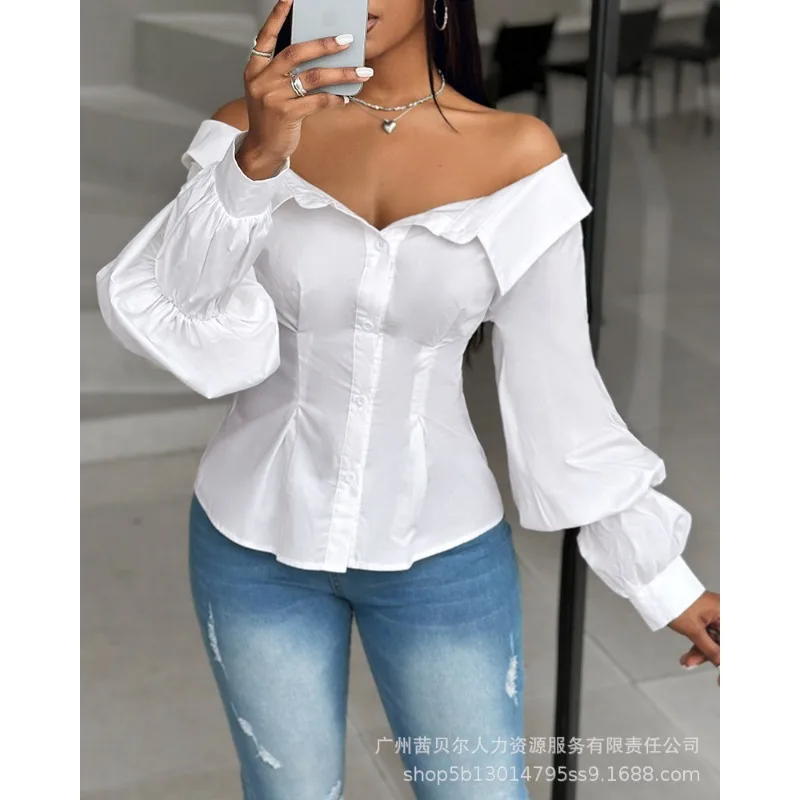 2024 Spring Summer New Women\'s Solid Color off-Shoulder Lantern Sleeve Single-Breasted Shirt Blouse