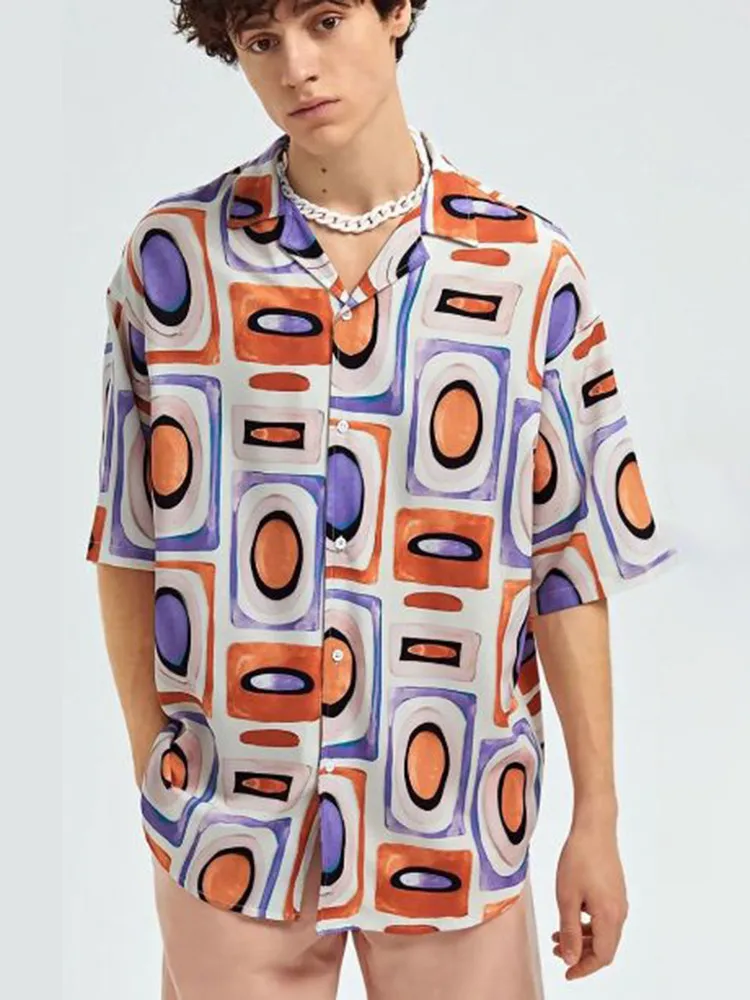 

2024 New Men's Irregular Printed Summer Short Sleeve Button Down Hawaiian Camp Collar Patchwork Shirt Men's Summer Beach Shirts