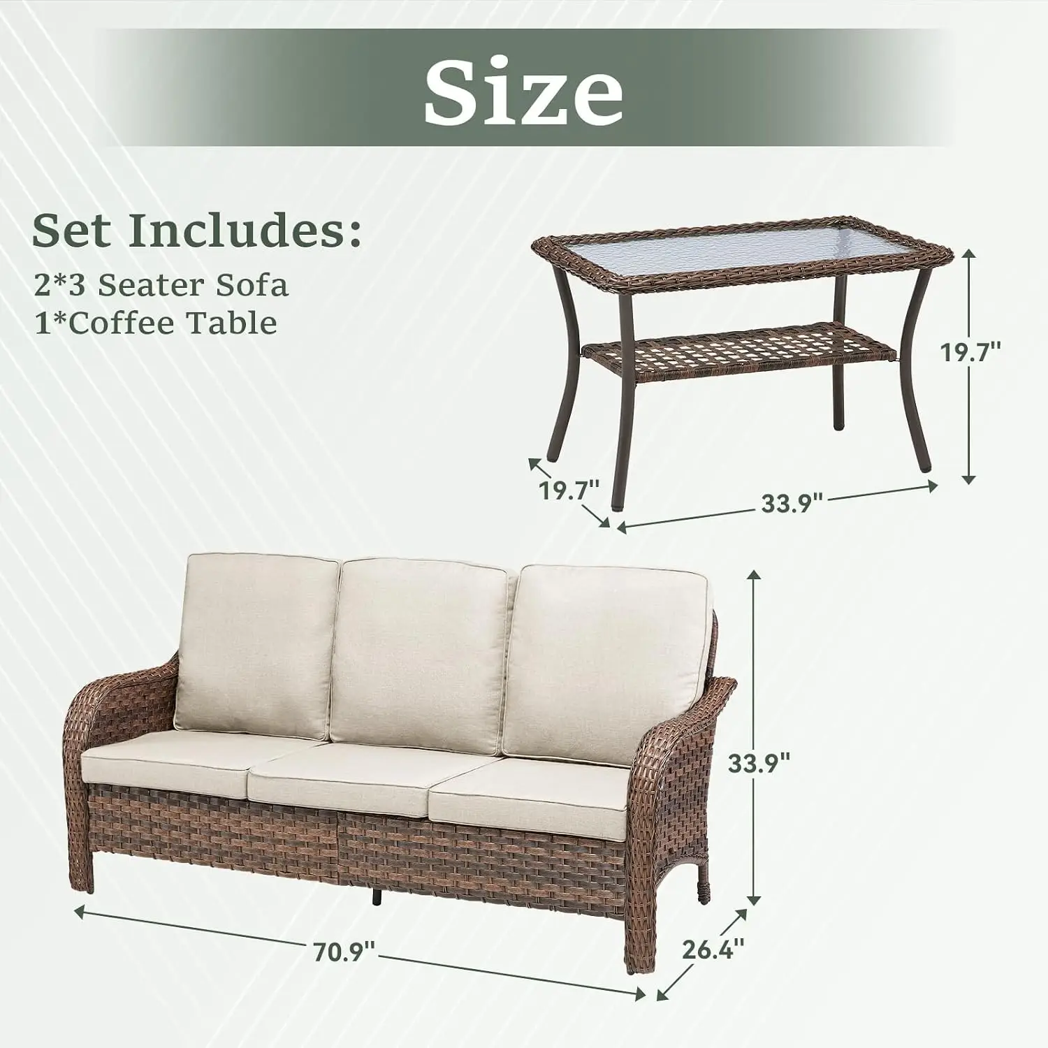 3 PCS Patio Set, 2 Wicker Sofas with Coffee Table, 4-Inch Olefin Cushions & Curved Armrests, 300 lbs Rattan Set for Porch, Garde