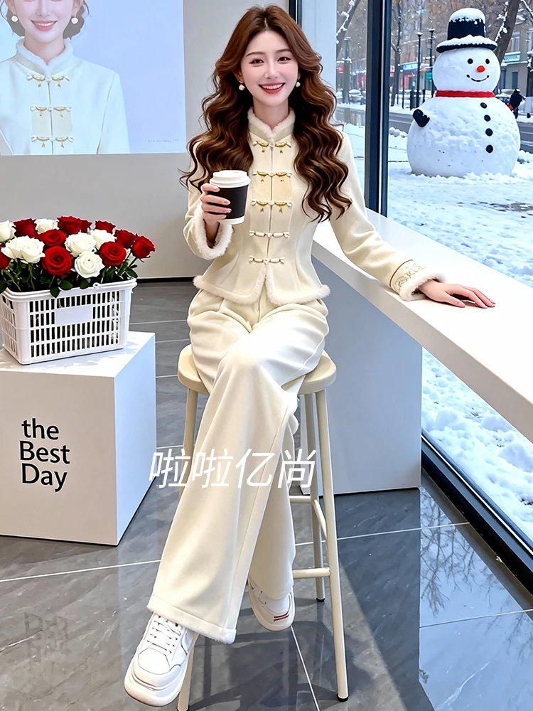 

Retro Fashionable Women's Suit Spring 2026 New Chinese Style National Wind Buttoned Top Wide Leg Pants Two-Piece Set