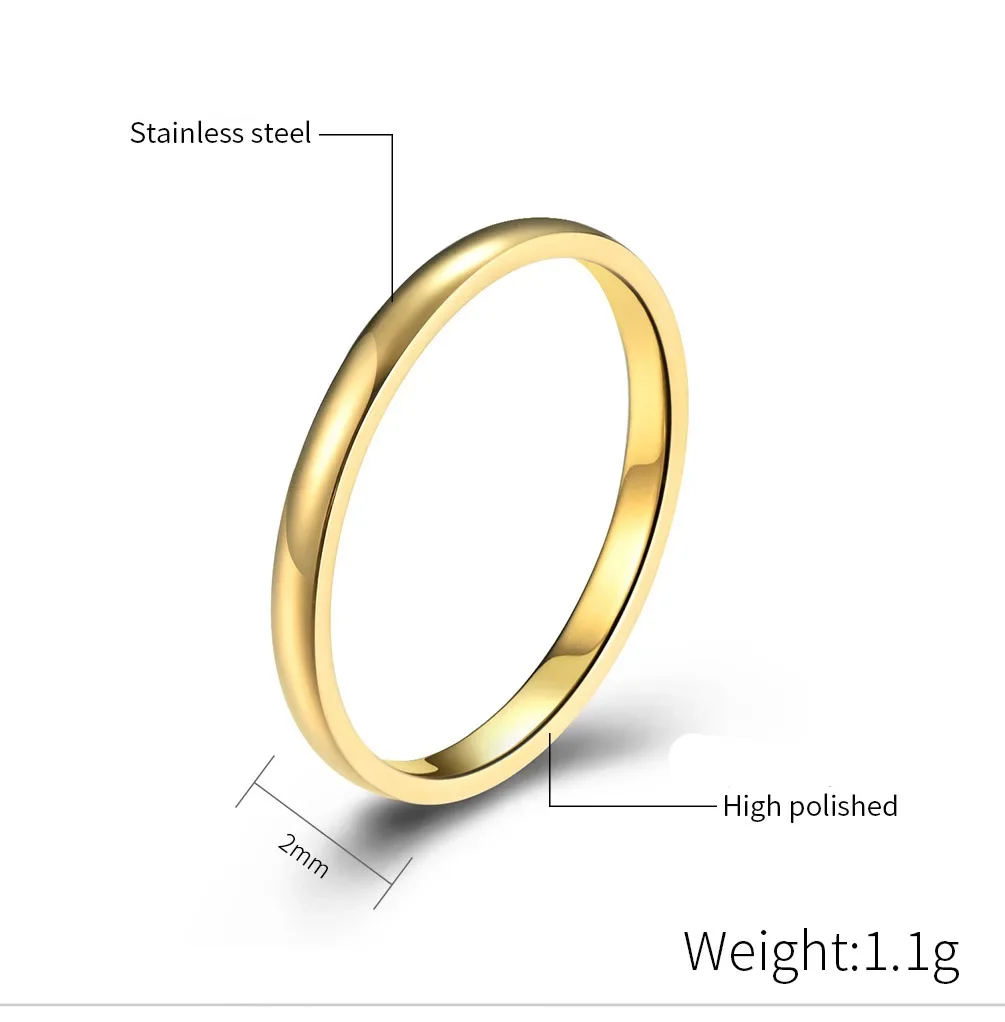 2MM Simple Single Thin Ring Stainless Steel Band Rings for Woman Men Party Jewelry US Size 4-10