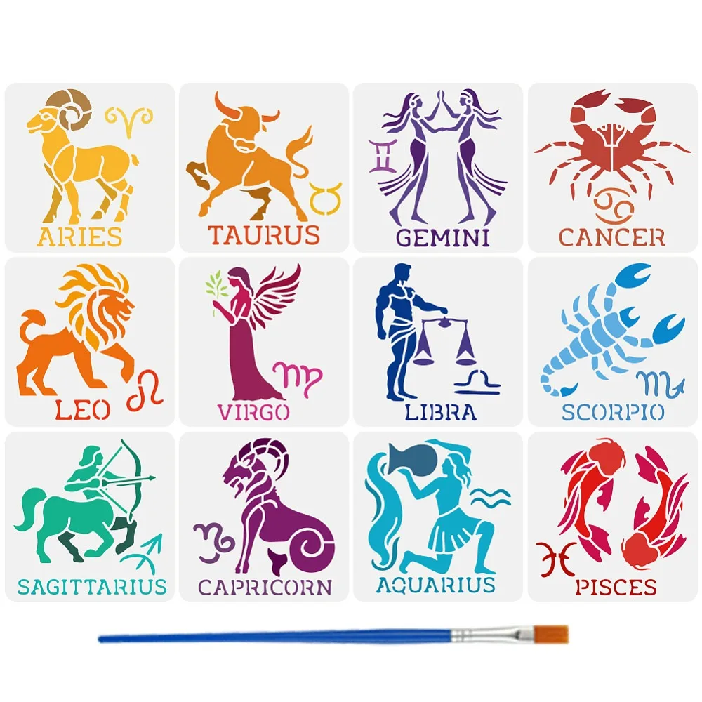 12 PCS Twelve Zodiac Figures Stencil with Brush 5.9x5.9inch Zodiac Constellation Symbols Stencil Decoration Fantasy Theme