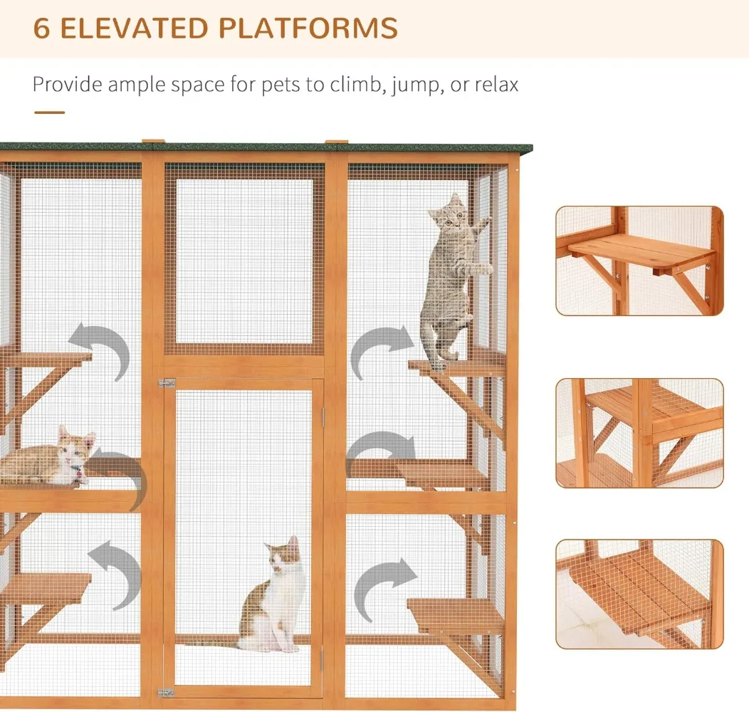 Outdoor Cat House Big Catio Wooden Feral Cat Shelter Enclosure with Large Spacious Interior 6 High Ledges Weather Protection