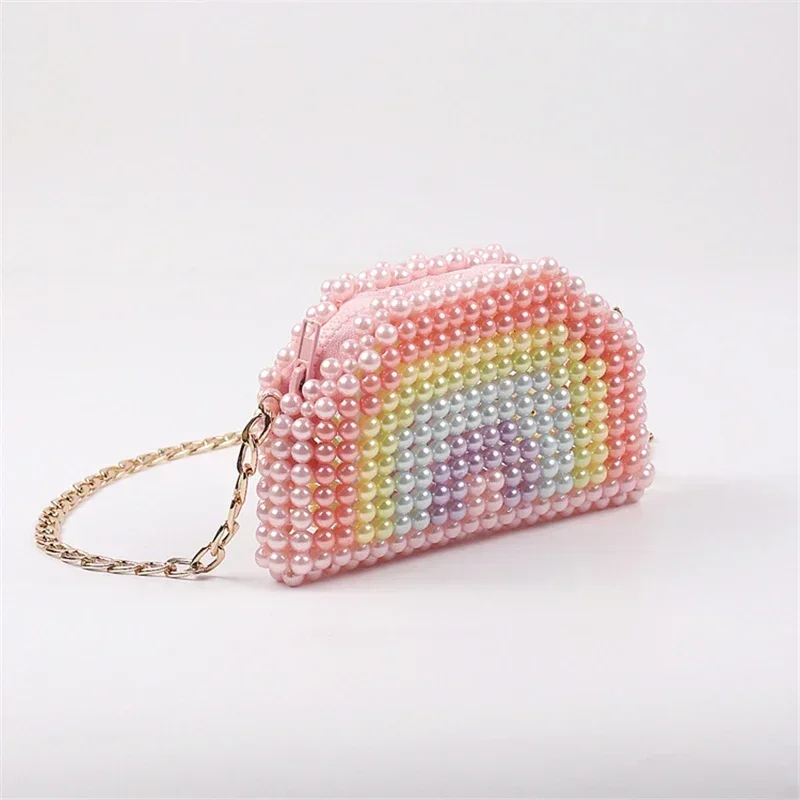 Mini Pearl Crossbody Bag Design Rainbow Color Hand-beaded Bag Contrast Bead Small Lipstick Headphones Bag Party Clutch Purses