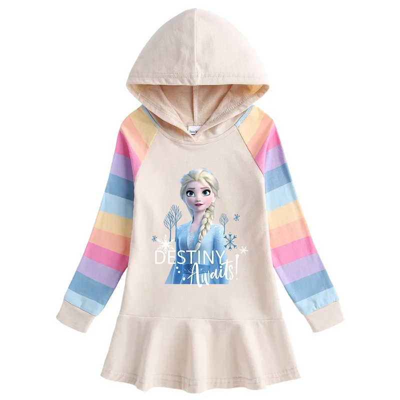 Disney Quality Cotton Autumn Girls Dress Clothing for Children Pink Long Sleeve Kids Blue Frozen Elsa Clothes Hooded