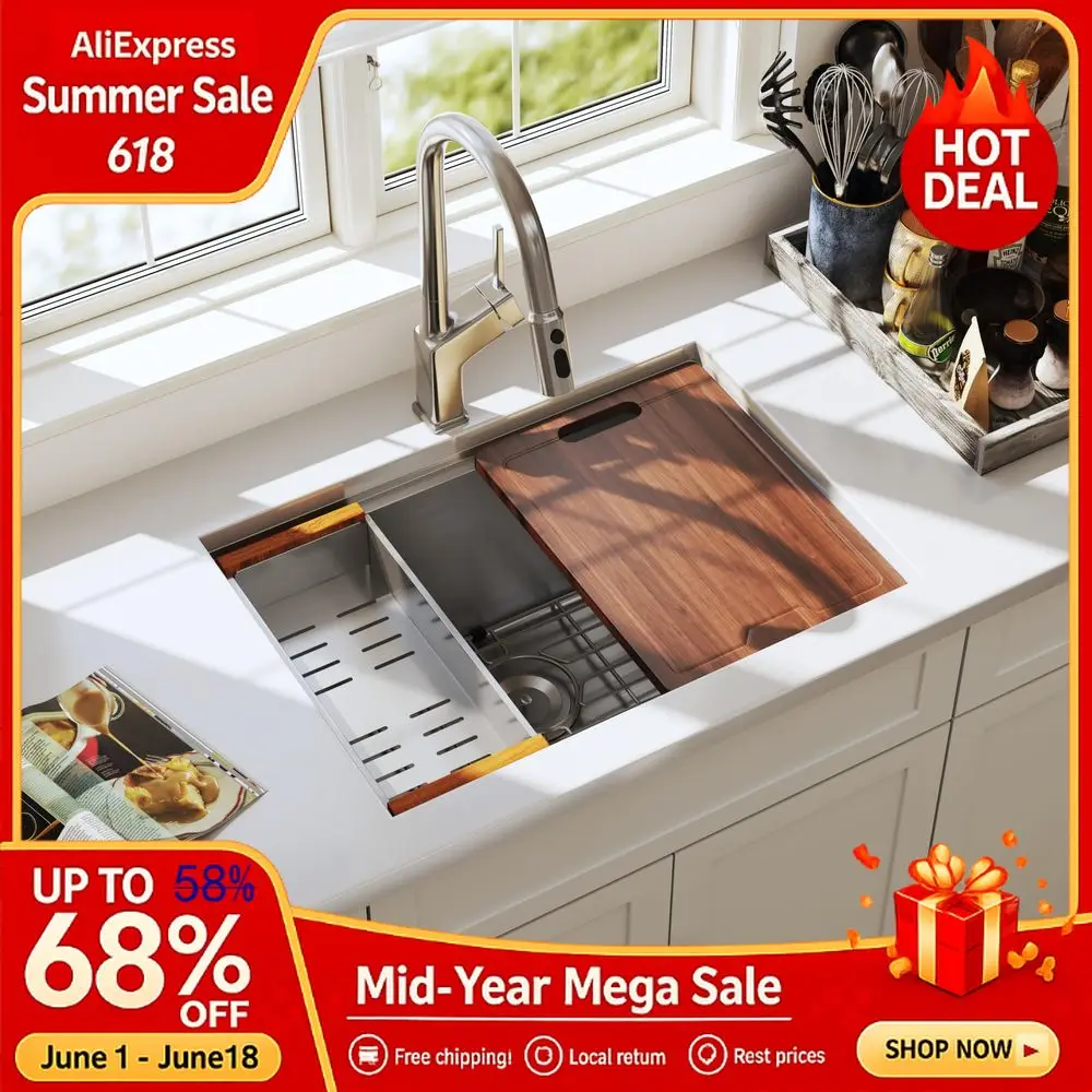 23 Inch Workstation Undermount Kitchen Sink 16 Gauge Stainless Steel Single Bowl Handmade Sinks with Accessories 23x18x9, Custom