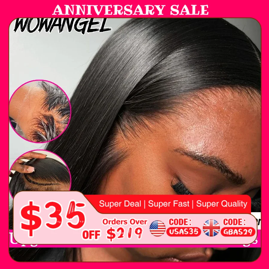 Wowangel 250% atualizado 13x6 hd perucas frontais do laço sem cola em linha reta perucas de cabelo humano pré arrancado couro cabeludo natural cabelo brasileiro