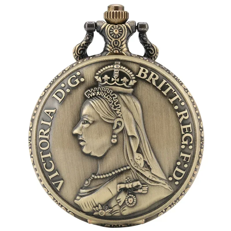 Vintage Victoria Queen of England Full Hunter Analog Quartz Pocket Watch for Men Women Necklace Pendant Chain Souvenir Timepiece