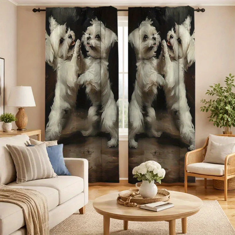Cute White Dog Puppy Curtains, Funny Standing Pet Print Window Drapes, Realistic Animal Decor, Blackout Fabric for Living Room