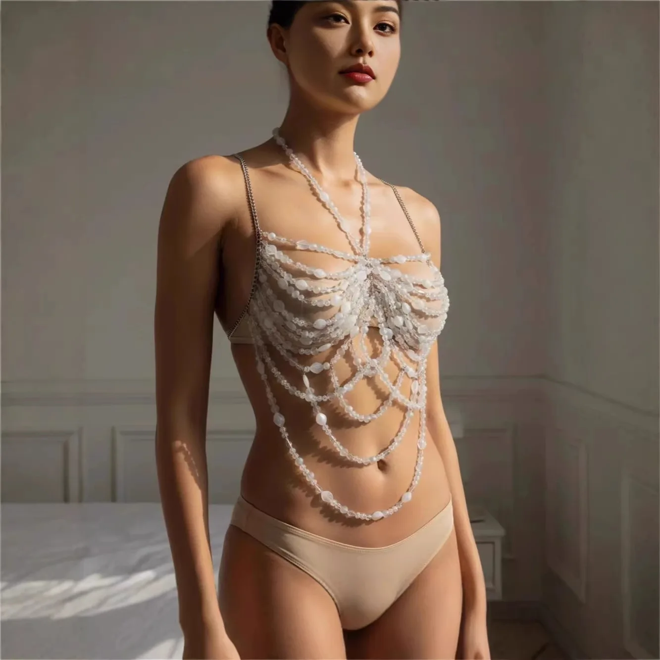 

Women’s Pearl Beaded Cutout Body Bra Chain Top, Sexy Statement Body Jewelry for Prom Club Party Night Outfits