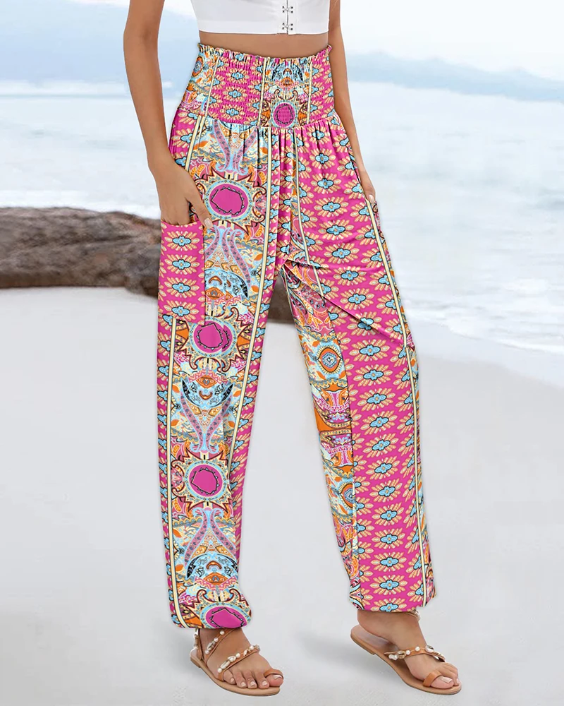 Women's Tribal Print Vintage Pants Beach Style Casual Women Shirred High Waist Cinched Hem Long Pants Vacation Pants with Pocket