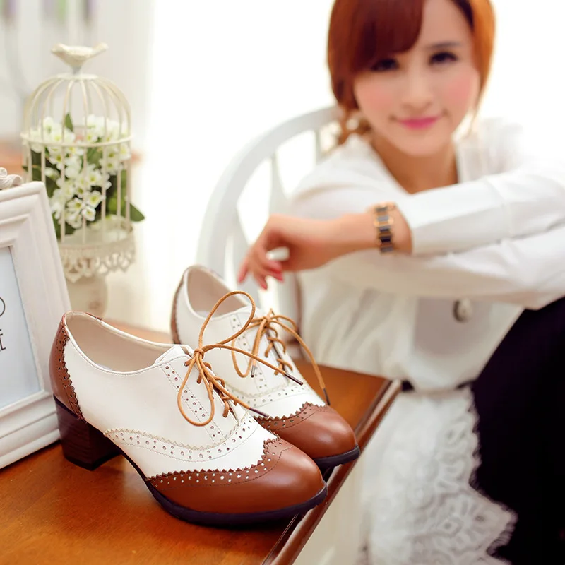 Ladies Patchwork Lace-Up Single Shoes Leather Zapatillas Pointy Toe Pumps Wood Texture Heels 5.5cm Bige Brown Black 2022 Newest