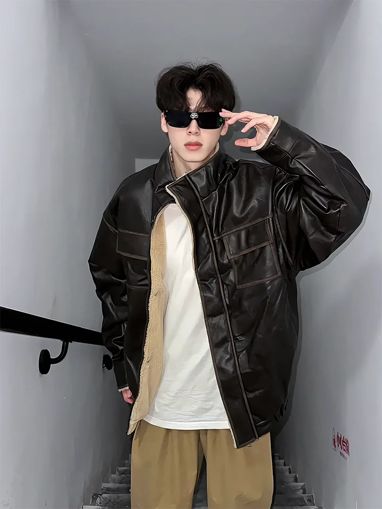 

Retro American Sle eepskin Cotton Jaet Men's Winter Thiened Stand Collar Workwear Coat Warm Youth ular Loose Fit