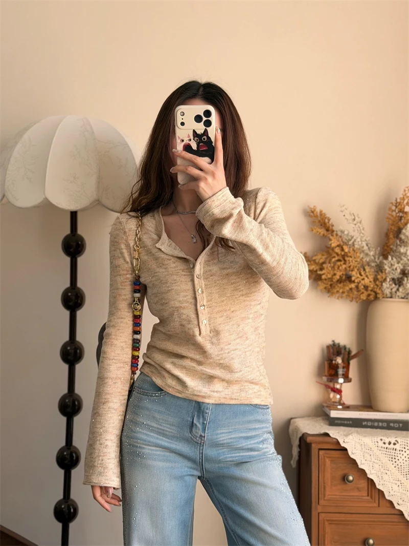 

Slim Fit Linen Knitted Sweater Women's Loose Bell Sleeve Open Cardigan Top Sparkling Mixed Color Hollow Flower Design V Neck