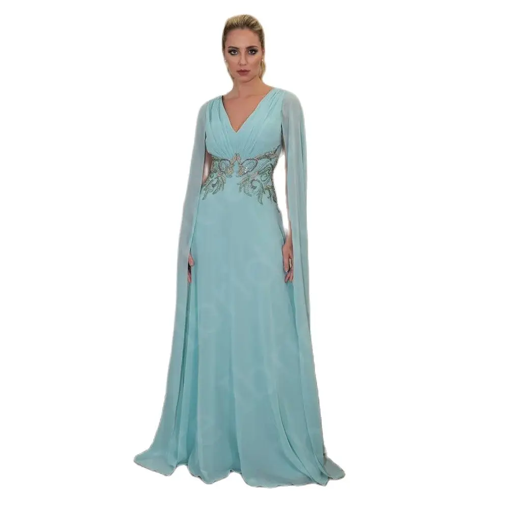 Charming Sky Blue Mother of the Bride Dresses Arabic 2024 Mother Gowns V Neckline Wedding Party Dresses Beading Appliqued