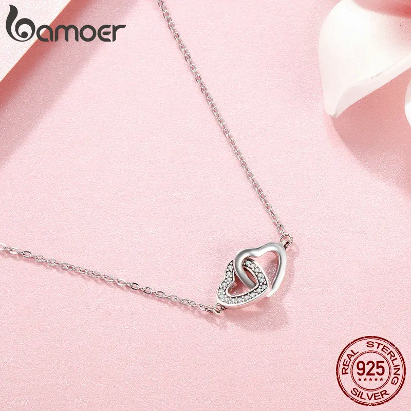 BAMOER 925 Sterling Silver Connected Heart Pendant Necklace for Girlfriend Valentine's Day Gift Fine Jewelry SCN181