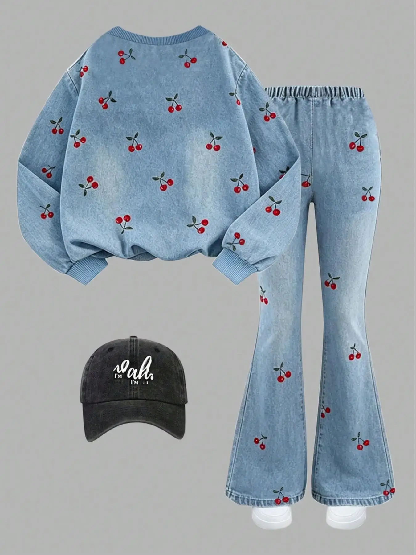 Girls' Autumn Outfit with Cherry Print, Round Neck, Loose Long Sleeves, Elastic Waist, Two-Piece Set, Blue Faux Denim Clothing Suitable for Children over 3 Years Old, Versatile for Home and Outdoor Wear