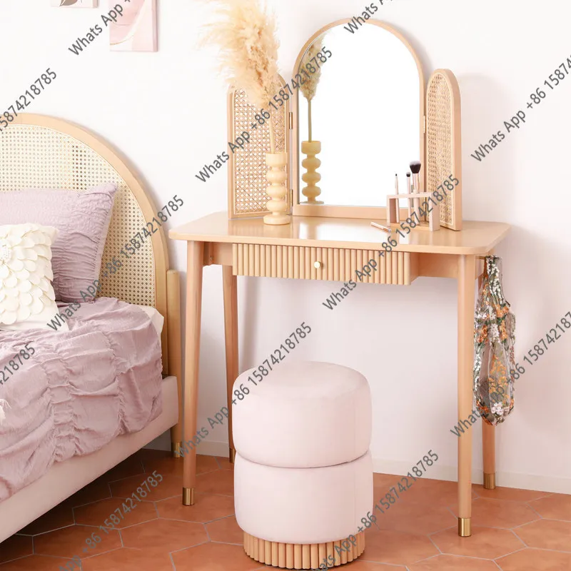 

Nordic ash wood rattan dresser Japanese-style small apartment cherry wood makeup table simple bedroom retro makeup table