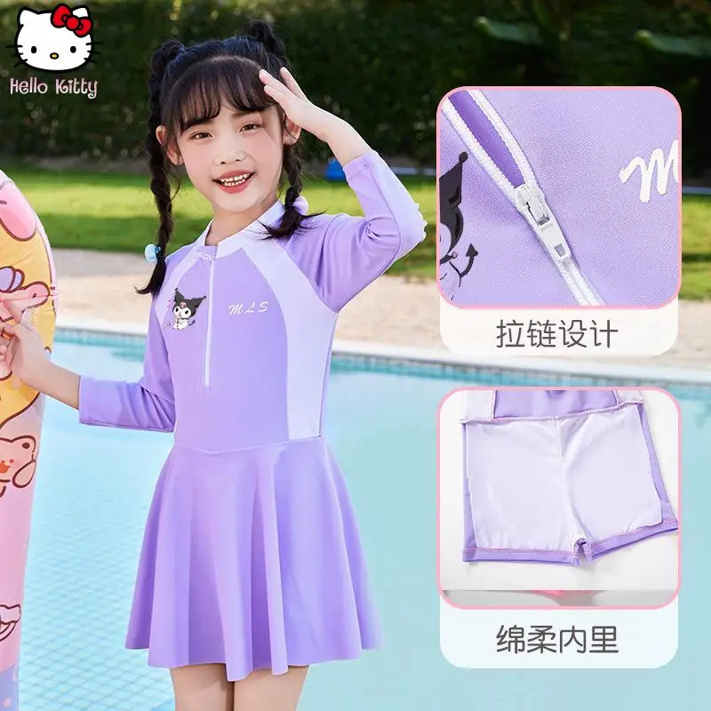 

Платье Kuromi для девочек, купальник Kawaii, летний аниме, новый купальник Sanrio с длинными рукавами и защитой от солнца, дышащий, быстросохнущий