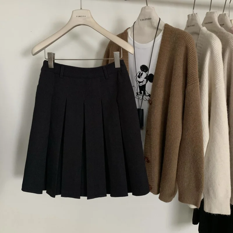 Retro Black Gray Short Woolen Skirt for Women Autumn Winter High-waisted A Line Ruffle Y2K Skirts Women High Quality Skirt D825