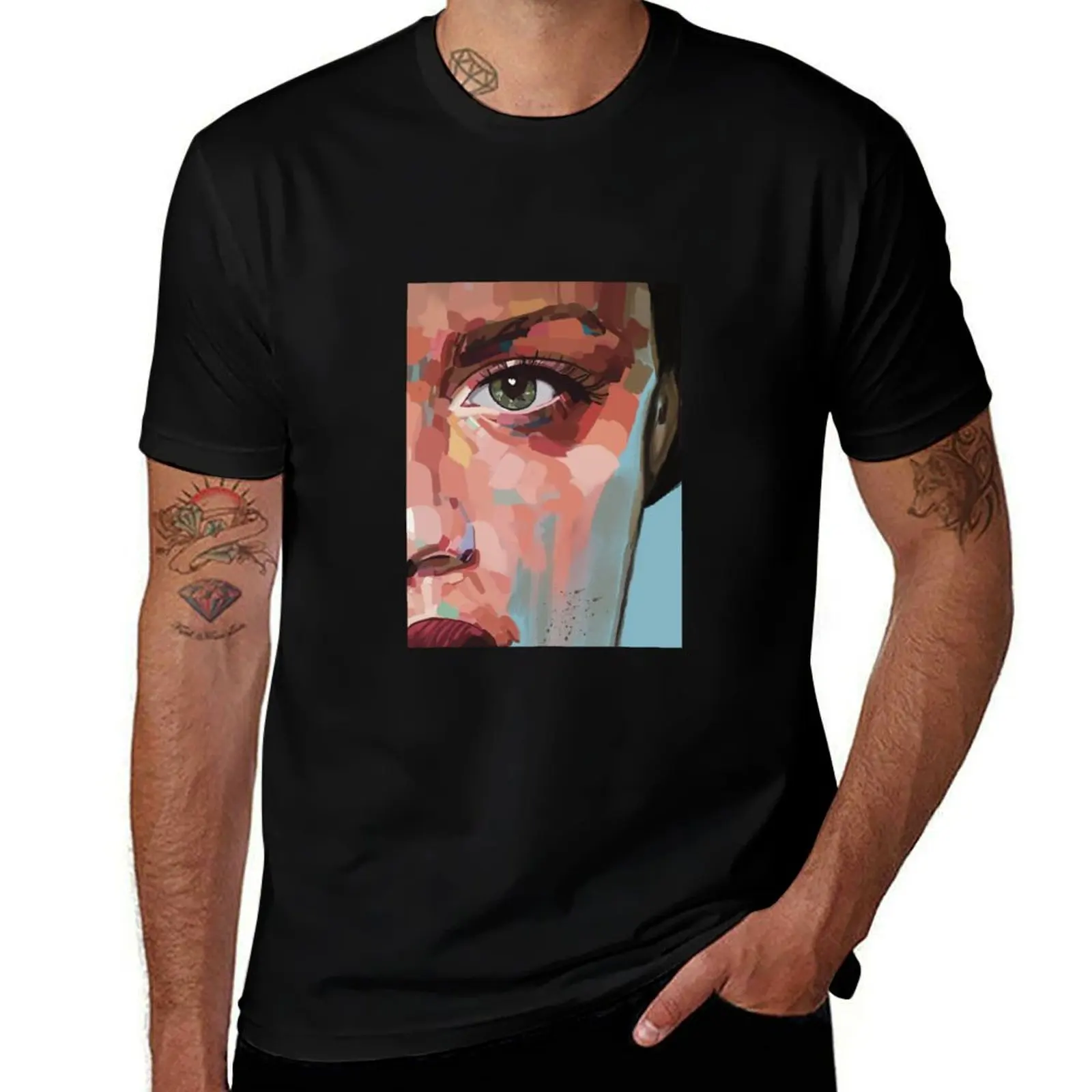 Colourful Close Up Face Portrait Artwork, Painting, Home Decor, Wall Art T-Shirt Plus Size Solid Color T-Shirt