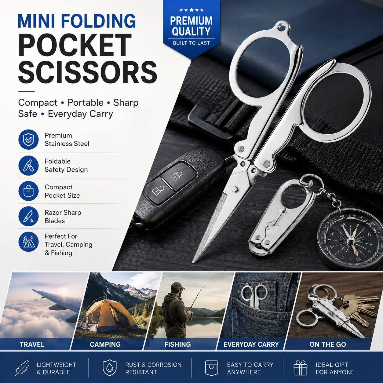 Mini Folding Pocket Scissors Stainless Steel Portable Travel EDC Scissors Compact Folding Cutter for Camping Fishing Sewing Ever