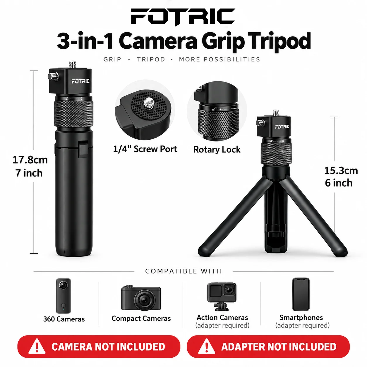 FOTRIC 73cm Invisible Extension Pole Selfie Stick Handle&Tripod Stand Monopod for Insta360 X4 X3 X5 Action Camera Accessories