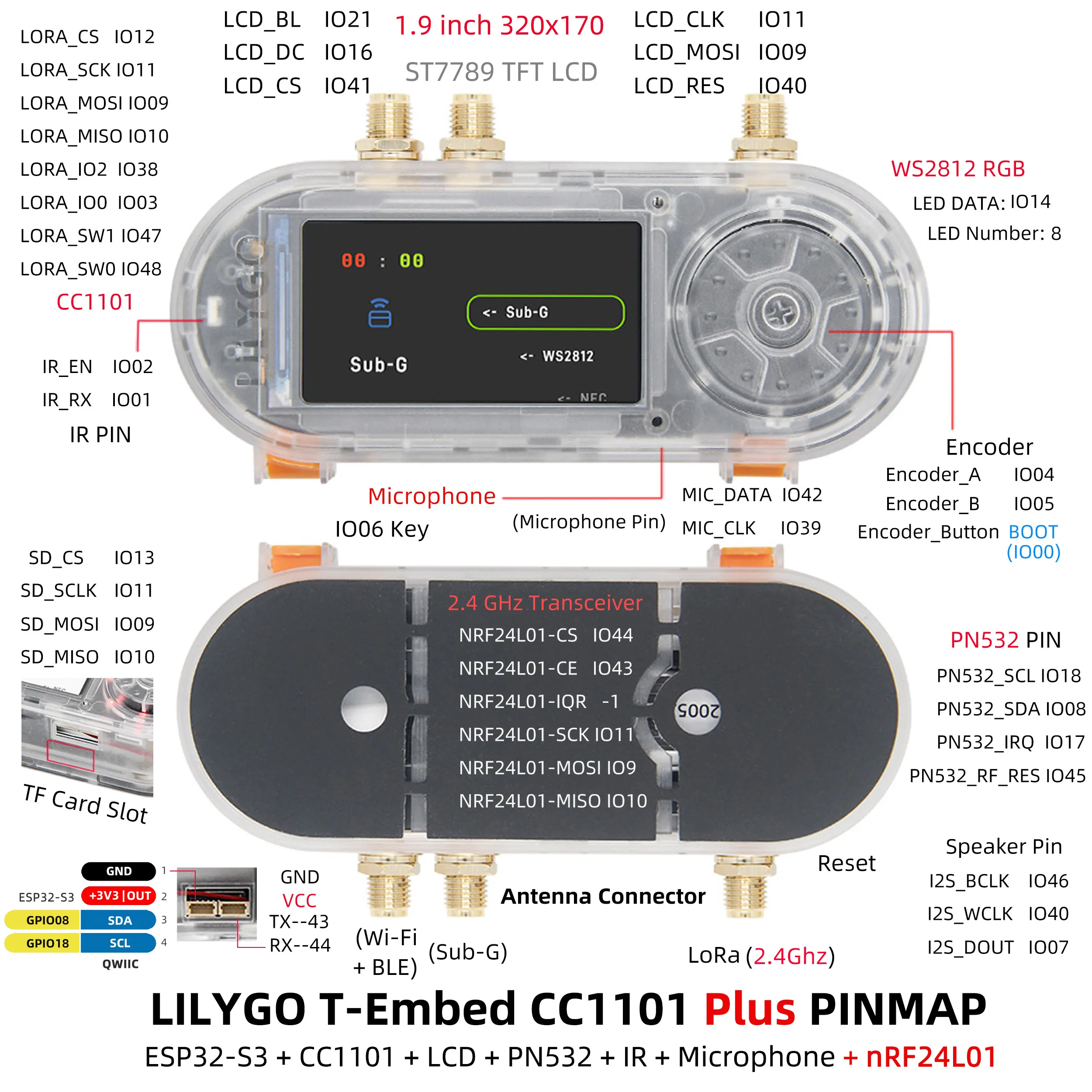 T-Embed CC1101 Plus Multi-Function Board ESP32-S3 Core Sub-1GHz/2.4GHz Dual-Band Communication 1.9-inch LCD+NFC+IR Remote