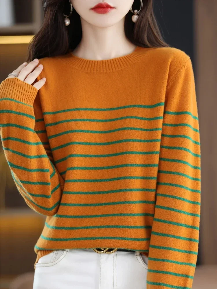 

100% Merino Wool Pullover for Women, Casual Sweater, O-neck, Striped Cashmere, Knitwear, Korean Fashion Tops, New Autumn, Winter