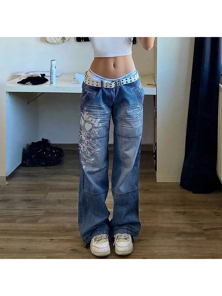 

Woman Pockets Print Jeans Graphic Denim New Design Pants Daily Trousers Fashion Sweatpants Streetwear All-match Gyaru Court