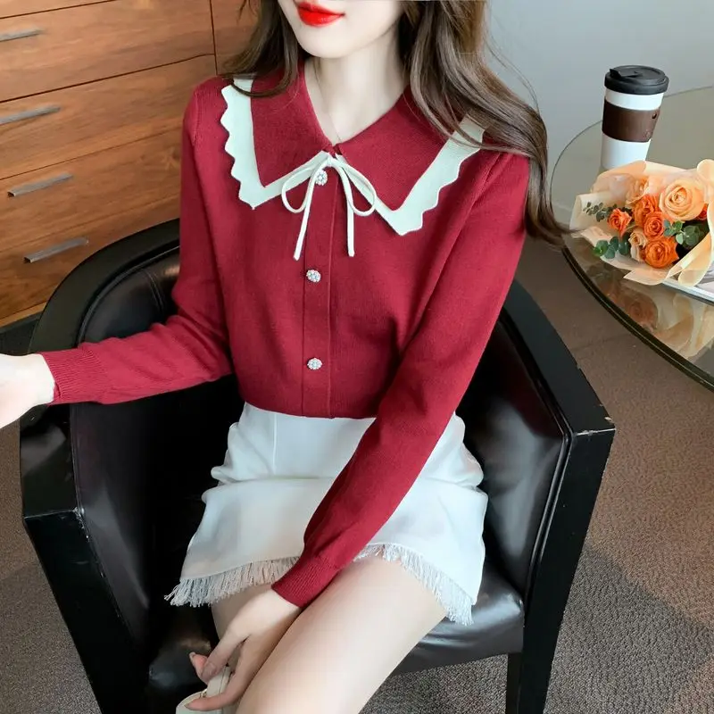 Age Reducing Red Bow Doll Neck Knitted Base Sweater for Women Popular Internet Item Inner Sweater Top