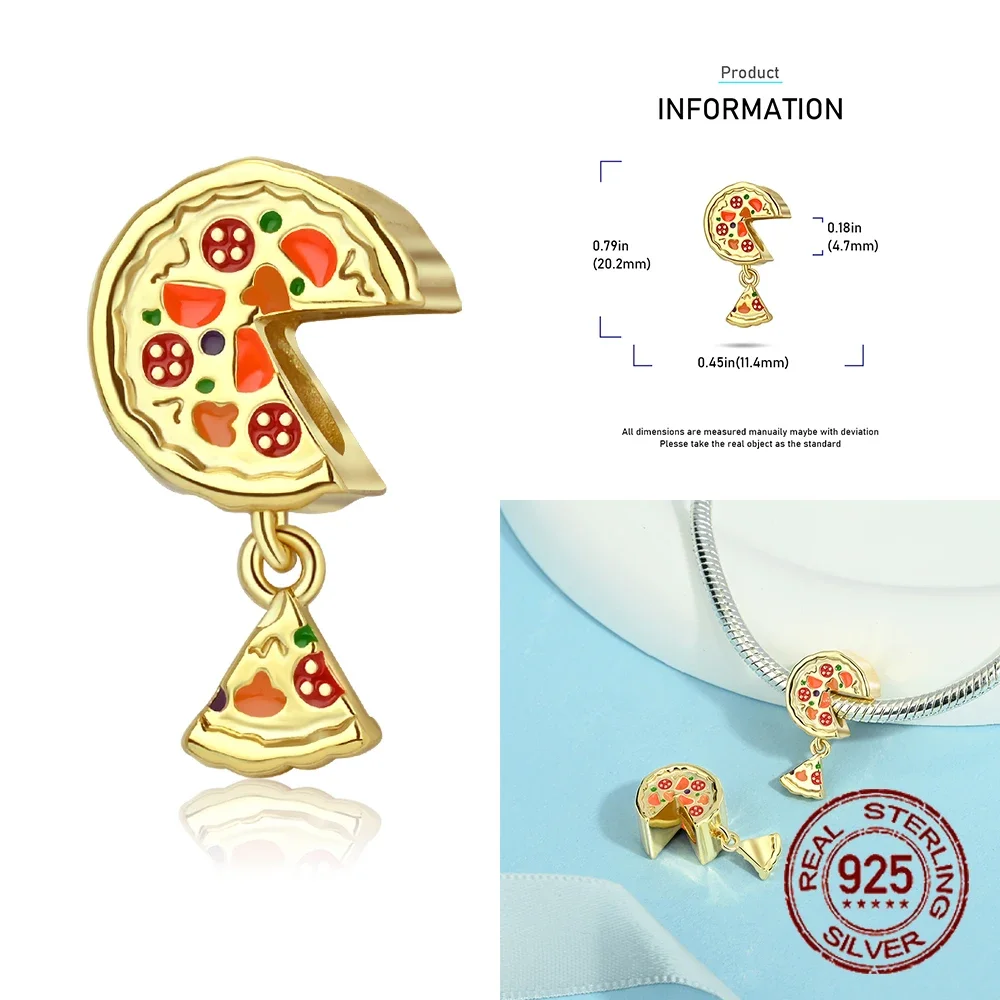 Abalorio de Plata de Ley 925 con forma de hamburguesa y Pizza para mujer, colgante con cuentas, pulsera Original de plata hecha para hacer joyería