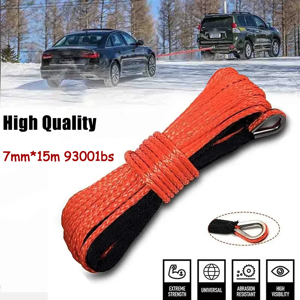 7mmx15m 9300LBs Synthetic Winch Line Cable Rope with Black Protecing Sleeve for ATV UTV Truck Boat Emergency Replacement